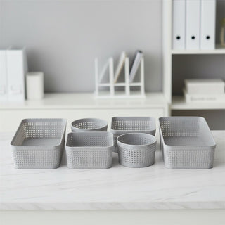 Set of 6 Grey Plastic Storage Baskets, Woven Style Organiser Bins Assorted Sizes