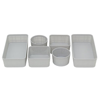 Set of 6 Grey Plastic Storage Baskets, Woven Style Organiser Bins Assorted Sizes