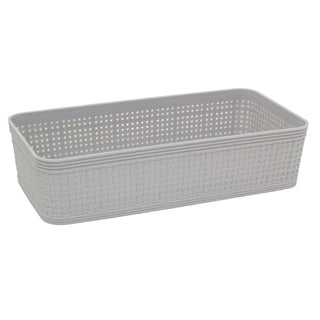 Set of 6 Grey Plastic Storage Baskets, Woven Style Organiser Bins Assorted Sizes