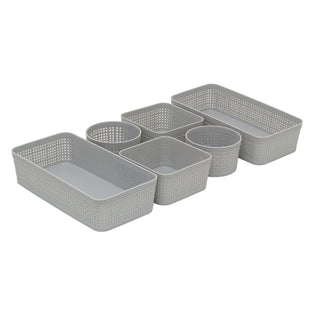 Set of 6 Grey Plastic Storage Baskets, Woven Style Organiser Bins Assorted Sizes