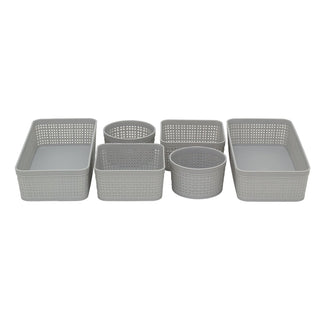 Set of 6 Grey Plastic Storage Baskets, Woven Style Organiser Bins Assorted Sizes