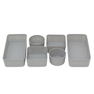 Set of 6 Grey Plastic Storage Baskets, Woven Style Organiser Bins Assorted Sizes