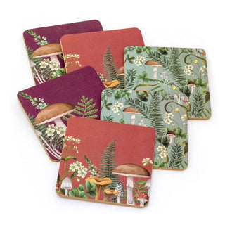 Set of 6 Mushroom Coasters | 6 Piece Forest Fungi Cork Backed Drink Mats - 10cm