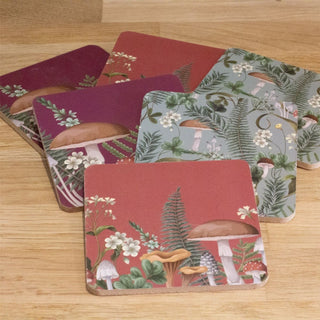 Set of 6 Mushroom Coasters | 6 Piece Forest Fungi Cork Backed Drink Mats - 10cm