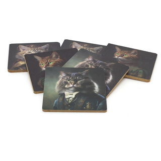 Set of 6 Regal Cat Coasters | Cat Portrait Cork Animal Coaster Set - 10cm