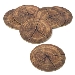 Set Of 6 Round Tree Trunk Print Coasters | Bark Design Cork Backed Coaster Set
