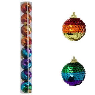 Set of 8 Sequin Rainbow Christmas Baubles | Multicoloured Tree Decorations - 4cm