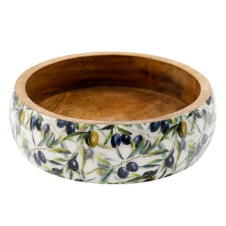 Shallow Olive Enamelled Mango Wood Serving Bowl, 24cm Wooden Salad Dish