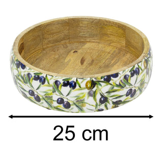 Shallow Olive Enamelled Mango Wood Serving Bowl, 24cm Wooden Salad Dish