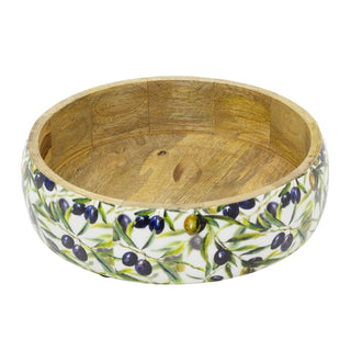 Shallow Olive Enamelled Mango Wood Serving Bowl, 24cm Wooden Salad Dish