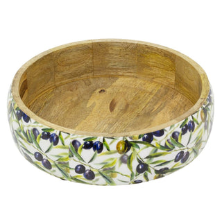 Shallow Olive Enamelled Mango Wood Serving Bowl, 24cm Wooden Salad Dish