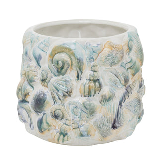 Shell Embossed Plant Pot, 16.5cm White Ceramic Shell Coastal Planter Cache Pot