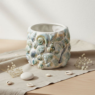 Shell Embossed Plant Pot, 16.5cm White Ceramic Shell Coastal Planter Cache Pot