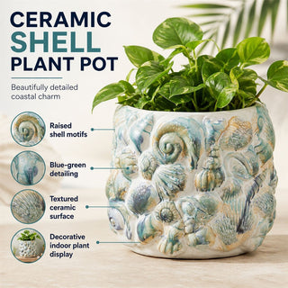 Shell Embossed Plant Pot, 16.5cm White Ceramic Shell Coastal Planter Cache Pot