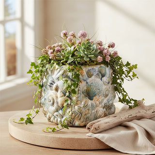 Shell Embossed Planter, 15cm White Ceramic Nautical Round Indoor Plant Cache Pot