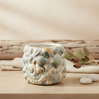 Shell Embossed Planter, 15cm White Ceramic Nautical Round Indoor Plant Cache Pot