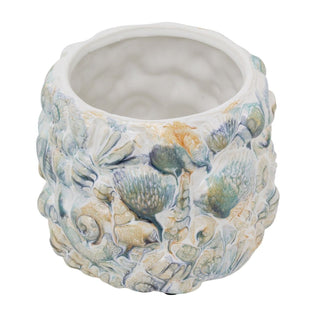 Shell Embossed Planter, 15cm White Ceramic Nautical Round Indoor Plant Cache Pot