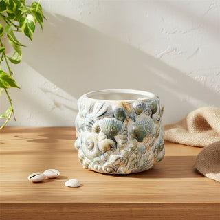 Shell Embossed Planter, 15cm White Ceramic Nautical Round Indoor Plant Cache Pot