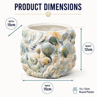 Shell Embossed Planter, 15cm White Ceramic Nautical Round Indoor Plant Cache Pot