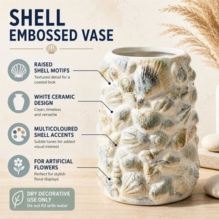 Shell Embossed Vase 19.5cm White Ceramic Nautical Artificial Flower Display