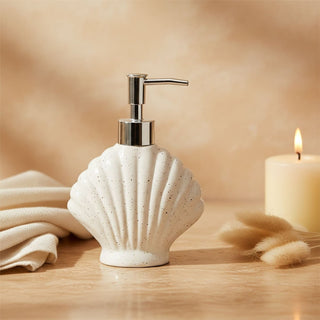Shell Soap Dispenser 17.5cm White Speckled Ceramic Bathroom Pump 250ml Nautical