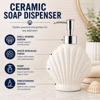 Shell Soap Dispenser 17.5cm White Speckled Ceramic Bathroom Pump 250ml Nautical