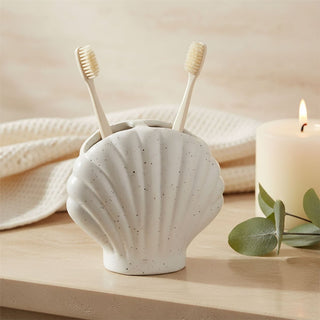 Shell Toothbrush Holder, 11cm Ceramic Speckled Coastal Bathroom Stand