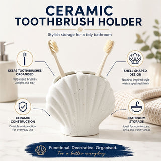 Shell Toothbrush Holder, 11cm Ceramic Speckled Coastal Bathroom Stand