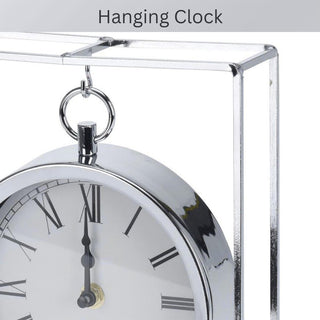 Silver Hanging Table Clock | Suspended Mantel Clock In Chrome Frame - 25cm