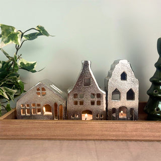 Silver Metal House Shaped Tealight Candle Holder | Christmas Tea Light House