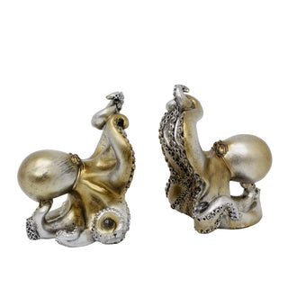Silver Octopus Book Ends | 16cm Set of 2 Resin Octopus Bookends for Shelves