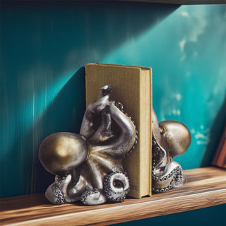 Silver Octopus Book Ends | 16cm Set of 2 Resin Octopus Bookends for Shelves