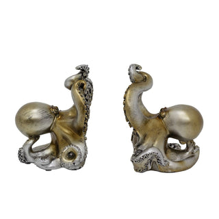 Silver Octopus Book Ends | 16cm Set of 2 Resin Octopus Bookends for Shelves