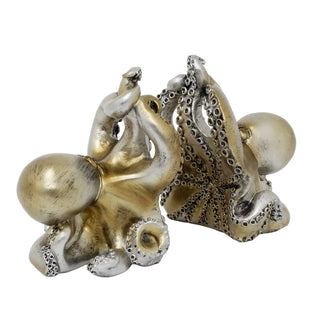 Silver Octopus Book Ends | 16cm Set of 2 Resin Octopus Bookends for Shelves