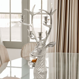 Silver Stag Head Candle Holder | Silver Metal Deer Antler Candelabra - 60cm