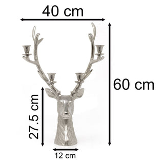 Silver Stag Head Candle Holder | Silver Metal Deer Antler Candelabra - 60cm