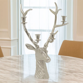Silver Stag Head Candle Holder | Silver Metal Deer Antler Candelabra - 60cm