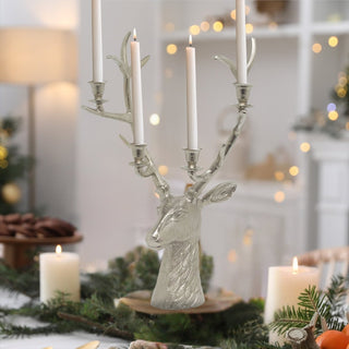 Silver Stag Head Candle Holder | Silver Metal Deer Antler Candelabra - 60cm