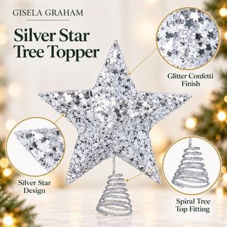 Silver Star Confetti Christmas Tree Topper, Gisela Graham Glitter Star 29cm