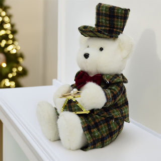 Sitting Christmas Bear Decoration | Fluffy Bear in Tartan Uniform with Drum