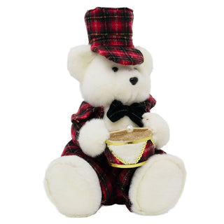 Sitting Christmas Bear Decoration | Fluffy Bear in Tartan Uniform with Drum