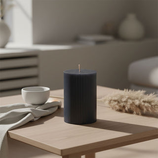 Small Charcoal Ribbed Pillar Candle, 10x7cm Unscented Dark Grey Candle
