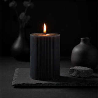 Small Charcoal Ribbed Pillar Candle, 10x7cm Unscented Dark Grey Candle