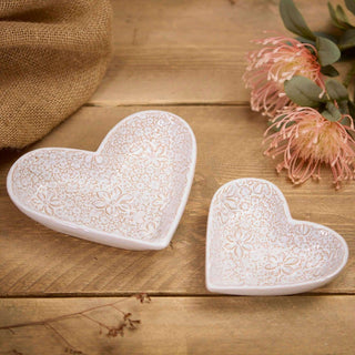 Small Floral Heart Trinket Dish | White Ceramic Jewellery Dish Flower Design