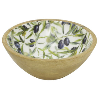 Small Olive Enamelled Wooden Bowl, 17.5 cm Mediterranean Mango Wood Snack Bowl