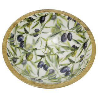Small Olive Enamelled Wooden Bowl, 17.5 cm Mediterranean Mango Wood Snack Bowl