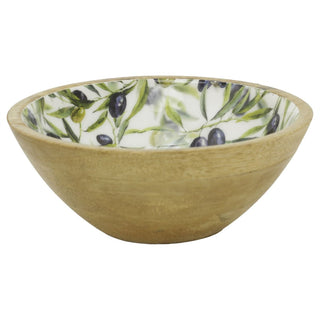 Small Olive Enamelled Wooden Bowl, 17.5 cm Mediterranean Mango Wood Snack Bowl