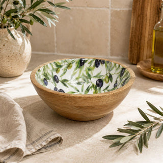 Small Olive Enamelled Wooden Bowl, 17.5 cm Mediterranean Mango Wood Snack Bowl