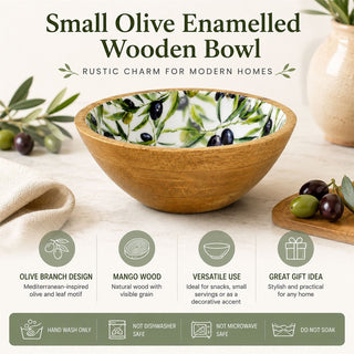 Small Olive Enamelled Wooden Bowl, 17.5 cm Mediterranean Mango Wood Snack Bowl