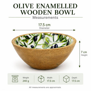 Small Olive Enamelled Wooden Bowl, 17.5 cm Mediterranean Mango Wood Snack Bowl